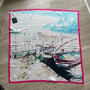 NWT St. John 100% Silk Scarf Wrap Bandana Boat Sailing Nautical Pink White Large